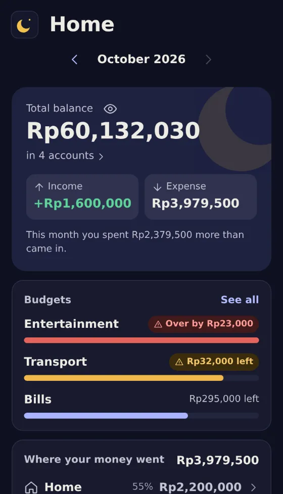 The Mony home screen in dark mode.