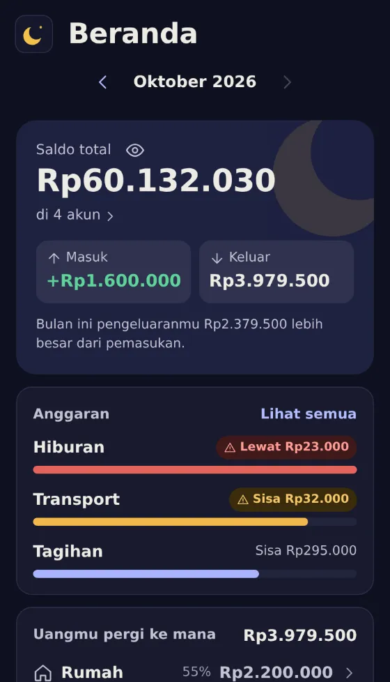 Layar beranda Mony dalam mode gelap.