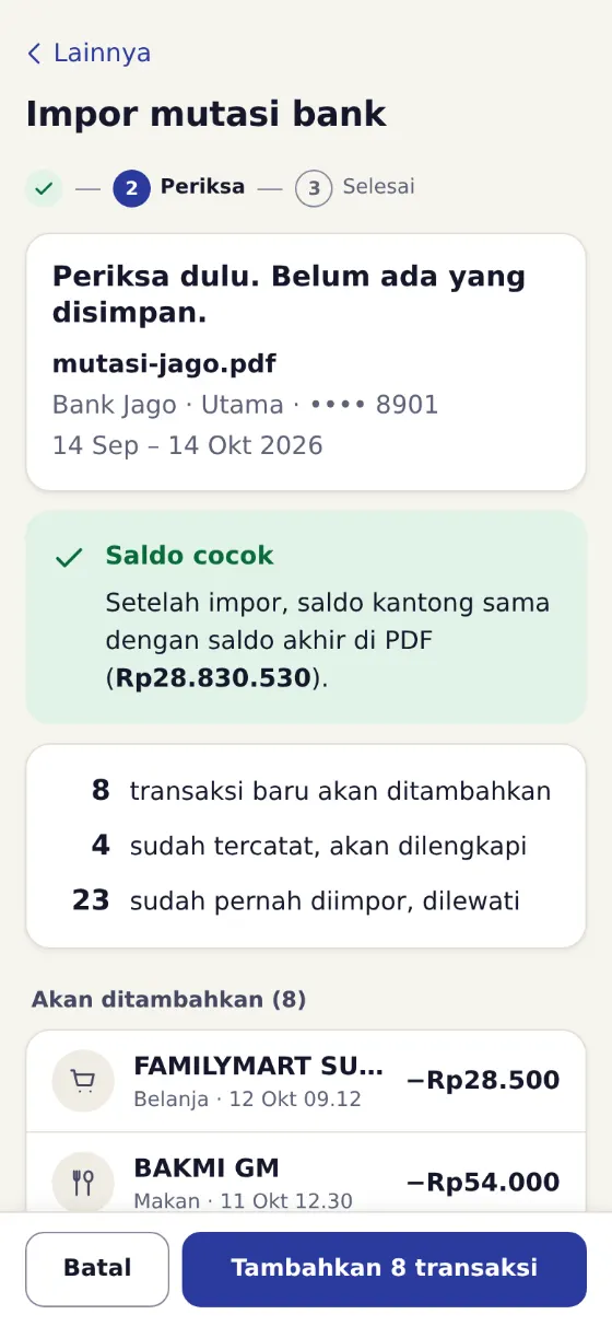 Layar Impor mutasi bank: ringkasan PDF Bank Jago, pemeriksaan saldo, dan delapan transaksi baru yang akan ditambahkan.