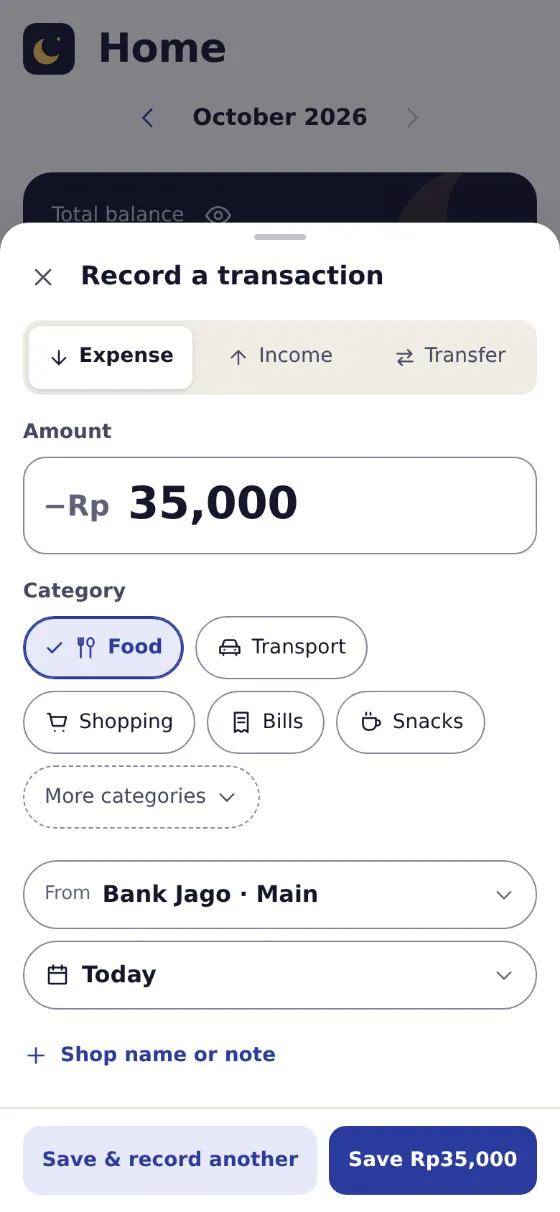 The Record transaction screen: an amount of Rp35,000, the Food category selected, and a Save button.