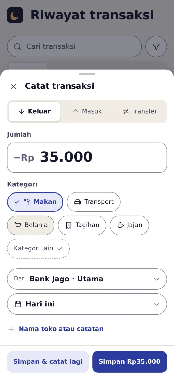 Layar Catat transaksi: jumlah Rp35.000, kategori Makan terpilih, dan tombol Simpan.